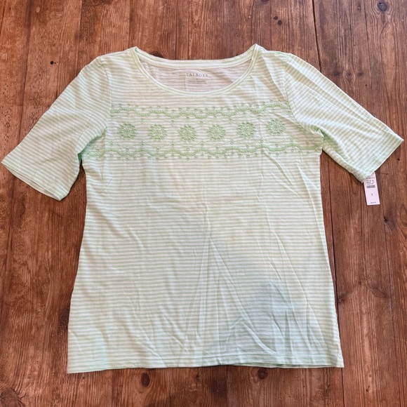 Talbots Cotton Cap Short Sleeve Green Striped Embroidered Slub Tee Shirt Small - Picture 4 of 11
